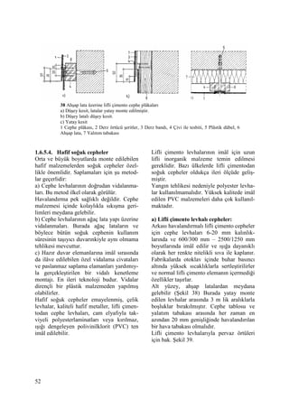 52
1.6.5.4. Hafif soğuk cepheler
Orta ve büyük boyutlarda monte edilebilen
hafif malzemelerden soğuk cepheler özel-
likle önemlidir. Saplamaları için şu metod-
lar geçerlidir:
a) Cephe levhalarının doğrudan vidalanma-
ları. Bu metod ilkel olarak görülür.
Havalandırma pek sağlıklı değildir. Cephe
malzemesi içinde kolaylıkla sıkışma geri-
limleri meydana gelebilir.
b) Cephe levhalarının ağaç lata yapı üzerine
vidalanmaları. Burada ağaç lataların ve
böylece bütün soğuk cephenin kullanım
süresinin taşıyıcı duvarınkiyle aynı olmama
tehlikesi mevcuttur.
c) Hazır duvar elemanlarına imâl sırasında
da ilâve edilebilen özel vidalama civataları
ve paslanmaz saplama elamanları yardımıy-
la gerçekleştirilen bir vidalı kenetleme
montajı. En ileri teknoloji budur. Vidalar
dirençli bir plâstik malzemeden yapılmış
olabilirler.
Hafif soğuk cepheler emayelenmiş, çelik
levhalar, kaliteli hafif metaller, lifli çimen-
todan cephe levhaları, cam elyafıyla tak-
viyeli polyesterlaminatları veya kırılmaz,
ışığı dengeleyen polivinilklorit (PVC) ten
imâl edilebilir.
Lifli çimento levhalarının imâl için uzun
lifli inorganik malzeme temin edilmesi
gereklidir. Bazı ülkelerde lifli çimentodan
soğuk cepheler oldukça ileri ölçüde geliş-
miştir.
Yangın tehlikesi nedeniyle polyester levha-
lar kullanılmamalıdır. Yüksek kalitede imâl
edilen PVC malzemeleri daha çok kullanıl-
maktadır.
a) Lifli çimento levhalı cepheler:
Arkası havalandırmalı lifli çimento cepheler
için cephe levhaları 6-20 mm kalınlık-
larında ve 600/300 mm – 2500/1250 mm
boyutlarında imâl edilir ve ışığa dayanıklı
olarak her renkte nitelikli sıva ile kaplanır.
Fabrikalarda otoklav içinde buhar basıncı
altında yüksek sıcaklıklarla sertleştirilirler
ve normal lifli çimento elemanın içermediği
özellikler taşırlar.
Alt yüzey, ahşap latalardan meydana
gelebilir (Şekil 38) Burada yatay monte
edilen levhalar arasında 3 m lik aralıklarla
boşluklar bırakılmıştır. Cephe tablosu ve
yalatım tabakası arasında her zaman en
azından 20 mm genişliğinde havalandırılan
bir hava tabakası olmalıdır.
Lifli çimento levhalarıyla pervaz örtüleri
için bak. Şekil 39.
38 Ahşap lata üzerine lifli çimento cephe plâkaları
a) Düşey kesit, latalar yatay monte edilmiştir.
b) Düşey latalı düşey kesit.
c) Yatay kesit
1 Cephe plâkası, 2 Derz örtücü şeritler, 3 Derz bandı, 4 Çivi ile tesbiti, 5 Plâstik dübel, 6
Ahşap lata, 7 Yalıtım tabakası
 