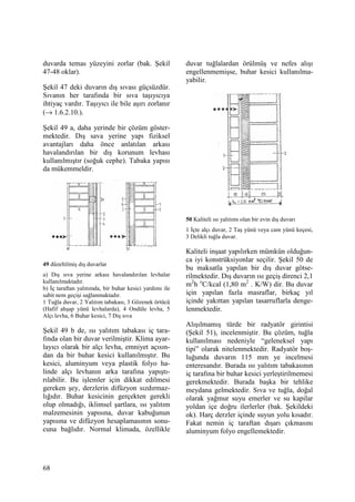 68
duvarda temas yüzeyini zorlar (bak. Şekil
47-48 oklar).
Şekil 47 deki duvarın dış sıvası güçsüzdür.
Sıvanın her tarafında bir sıva taşıyıcıya
ihtiyaç vardır. Taşıyıcı ile bile aşırı zorlanır
(→ 1.6.2.10.).
Şekil 49 a, daha yerinde bir çözüm göster-
mektedir. Dış sava yerine yapı fiziksel
avantajları daha önce anlatılan arkası
havalandırılan bir dış korunum levhası
kullanılmıştır (soğuk cephe). Tabaka yapısı
da mükemmeldir.
49 düzeltilmiş dış duvarlar
a) Dış sıva yerine arkası havalandırılan levhalar
kullanılmaktadır.
b) Đç taraftan yalıtımda, bir buhar kesici yardımı ile
sabit nem geçişi sağlanmaktadır.
1 Tuğla duvar, 2 Yalıtım tabakası, 3 Gözenek örtücü
(Hafif ahşap yünü levhalarda), 4 Ondüle levha, 5
Alçı levha, 6 Buhar kesici, 7 Dış sıva
Şekil 49 b de, ısı yalıtım tabakası iç tara-
fında olan bir duvar verilmiştir. Klima ayar-
layıcı olarak bir alçı levha, emniyet açısın-
dan da bir buhar kesici kullanılmıştır. Bu
kesici, aluminyum veya plastik folyo ha-
linde alçı levhanın arka tarafına yapıştı-
rılabilir. Bu işlemler için dikkat edilmesi
gereken şey, derzlerin difüzyon sızdırmaz-
lığıdır. Buhar kesicinin gerçekten gerekli
olup olmadığı, iklimsel şartlara, ısı yalıtım
malzemesinin yapısına, duvar kabuğunun
yapısına ve difüzyon hesaplamasının sonu-
cuna bağlıdır. Normal klimada, özellikle
duvar tuğlalardan örülmüş ve nefes alışı
engellenmemişse, buhar kesici kullanılma-
yabilir.
50 Kaliteli ısı yalıtımı olan bir evin dış duvarı
1 Đçte alçı duvar, 2 Taş yünü veya cam yünü keçesi,
3 Delikli tuğla duvar.
Kaliteli inşaat yapılırken mümkün olduğun-
ca iyi konstrüksiyonlar seçilir. Şekil 50 de
bu maksatla yapılan bir dış duvar götse-
rilmektedir. Dış duvarın ısı geçiş direnci 2,1
m2
h o
C/kcal (1,80 m2
. K/W) dir. Bu duvar
için yapılan fazla masraflar, birkaç yıl
içinde yakıttan yapılan tasarruflarla denge-
lenmektedir.
Alışılmamış türde bir radyatör girintisi
(Şekil 51), incelenmiştir. Bu çözüm, tuğla
kullanılması nedeniyle “geleneksel yapı
tipi” olarak nitelenmektedir. Radyatör boş-
luğunda duvarın 115 mm ye incelmesi
enteresandır. Burada ısı yalıtım tabakasının
iç tarafına bir buhar kesici yerleştirilmemesi
gerekmektedir. Burada başka bir tehlike
meydana gelmektedir. Sıva ve tuğla, doğal
olarak yağmur suyu emerler ve su kapilar
yoldan içe doğru ilerlerler (bak. Şekildeki
ok). Harç derzler içinde suyun yolu kısadır.
Fakat nemin iç taraftan dışarı çıkmasını
aluminyum folyo engellemektedir.
 