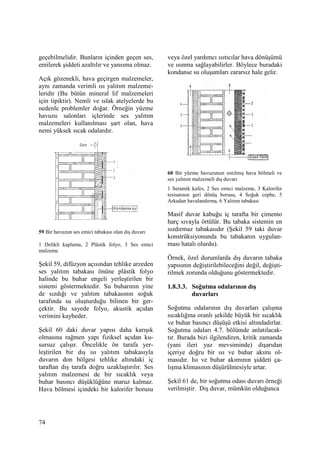 74
geçebilmelidir. Bunların içinden geçen ses,
emilerek şiddeti azaltılır ve yansıma olmaz.
Açık gözenekli, hava geçirgen malzemeler,
aynı zamanda verimli ısı yalıtım malzeme-
leridir (Bu bütün mineral lif malzemeleri
için tipiktir). Nemli ve ıslak atelyelerde bu
nedenle problemler doğar. Örneğin yüzme
havuzu salonları içlerinde ses yalıtım
malzemeleri kullanılması şart olan, hava
nemi yüksek sıcak odalardır.
59 Bir havuzun ses emici tabakası olan dış duvarı
1 Delikli kaplama, 2 Plâstik folyo, 3 Ses emici
malzeme
Şekil 59, difüzyon açısından tehlike arzeden
ses yalıtım tabakası önüne plâstik folyo
halinde bu buhar engeli yerleştirilen bir
sistemi göstermektedir. Su buharının yine
de sızdığı ve yalıtım tabakasının soğuk
tarafında su oluşturduğu bilinen bir ger-
çektir. Bu sayede folyo, akustik açıdan
verimini kaybeder.
Şekil 60 daki duvar yapısı daha karışık
olmasına rağmen yapı fiziksel açıdan ku-
sursuz çalışır. Öncelikle ön tarafa yer-
leştirilen bir dış ısı yalıtım tabakasıyla
duvarın don bölgesi tehlike altındaki iç
taraftan dış tarafa doğru uzaklaştırılır. Ses
yalıtım malzemesi de bir sıcaklık veya
buhar basıncı düşüklüğüne maruz kalmaz.
Hava bölmesi içindeki bir kalorifer borusu
veya özel yardımcı ısıtıcılar hava dönüşümü
ve ısınma sağlayabilirler. Böylece buradaki
kondanse su oluşumları zararsız hale gelir.
60 Bir yüzme havuzunun ısıtılmış hava bölmeli ve
ses yalıtım malzemeli dış duvarı
1 Seramik kafes, 2 Ses emici malzeme, 3 Kalorifer
tesisatının geri dönüş borusu, 4 Soğuk cephe, 5
Arkadan havalandırma, 6 Yalıtım tabakası
Masif duvar kabuğu iç tarafta bir çimento
harç sıvayla örtülür. Bu tabaka sistemin en
sızdırmaz tabakasıdır (Şekil 59 taki duvar
konstrüksiyonunda bu tabakanın uygulan-
ması hatalı olurdu).
Örnek, özel durumlarda dış duvarın tabaka
yapısının değiştirilebileceğini değil, değişti-
rilmek zorunda olduğunu göstermektedir.
1.8.3.3. Soğutma odalarının dış
duvarları
Soğutma odalarının dış duvarları çalışma
sıcaklığına oranlı şekilde büyük bir sıcaklık
ve buhar basıncı düşüşü etkisi altındadırlar.
Soğutma odaları 4.7. bölümde anlatılacak-
tır. Burada bizi ilgilendiren, kritik zamanda
(yani ileri yaz mevsiminde) dışarıdan
içeriye doğru bir ısı ve buhar akımı ol-
masıdır. Isı ve buhar akımının şiddeti ça-
lışma klimasının düşürülmesiyle artar.
Şekil 61 de, bir soğutma odası duvarı örneği
verilmiştir. Dış duvar, mümkün olduğunca
 