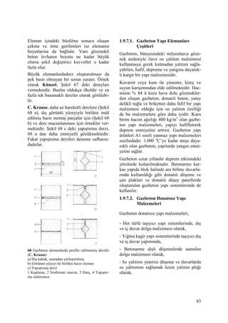 83
Eleman içindeki büzülme sonucu oluşan
çekme ve itme gerilimleri ise elemanın
boyutlarına da bağlıdır. Yani gözenekli
beton levhanın boyutu ne kadar büyük
olursa şekil değiştirici kuvvetler o kadar
fazla olur.
Büyük elemanlardaderz oluşturulması da
pek basit olmayan bir sorun yaratır. Örnek
olarak Künzel, Şekil 67 deki detayları
vermektedir. Bunlar oldukça ilkeldir ve en
fazla tek basamaklı derzler olarak görülebi-
lir.
C. Krause, daha az hareketli derzlere (Şekil
68 a), dış görüntü yüzeyiyle birlikte imâl
edilmiş hazır montaj parçalar için (Şekil 68
b) ve derz macunlanması için örnekler ver-
mektedir. Şekil 68 c deki yapıştırma derzi,
68 a dan daha emniyetli gözükmektedir.
Fakat yapıştırma derzleri deneme safhasın-
dadırlar.
68 Gazbeton elemanlarda profile edilmemiş derzler
(C. Krause)
a) Dış kabuk, sonradan yerleştirilmiş
b) Görünen yüzeyi ile birlikte hazır eleman
c) Yapıştırma derzi
1 Kaplama, 2 Sızdırmaz macun, 3 Harç, 4 Yapıştır-
ma malzemesi
1.9.7.1. Gazbeton Yapı Elemanları
Çeşitleri
Gazbeton, bünyesindeki milyonlarca göze-
nek nedeniyle ilave ısı yalıtım malzemesi
kullanmaya gerek kalmadan yalıtım sağla-
yabilen, hafif, depreme ve yangına dayanık-
lı kargir bir yapı malzemesidir.
Kuvarsit veya kum ile çimento, kireç ve
suyun karışımından elde edilmektedir. Hac-
minin % 84 ü kuru hava dolu gözenekler-
den oluşan gazbeton, donatılı beton, yatay
delikli tuğla ve briketten daha fafif bir yapı
malzemesi olduğu için ısı yalıtım özelliği
de bu malzemelere göre daha iyidir. Kuru
birim hacim ağırlığı 400 kg/m3
olan gazbe-
ton yapı malzemeleri, yapıyı hafifleterek
deprem emniyetini arttırır. Gazbeton yapı
ürünleri A1 sınıfı yanmaz yapı malzemeleri
sınıfındadır. 1.000 o
C’ye kadar ateşe daya-
nıklı olan gazbeton, yapılarda yangın emni-
yetini sağlar.
Gazbeton uzun yıllardır deprem etkisindeki
yörelerde kulanılmaktadır. Betonarme kar-
kas yapıda blok halinde ara bölme duvarla-
rında kullanıldığı gibi donatılı döşeme ve
çatı plakları ve donatılı düşey panellerde
oluşturulan gazbeton yapı sistemlerinde de
kullanılır.
1.9.7.2. Gazbeton Donatısız Yapı
Malzemeleri
Gazbeton donatısız yapı malzemeleri,
- Her türlü taşıyıcı yapı sistemlerinde, dış
ve iç duvar dolgu malzemesi olarak,
- Yığma kagir yapı sistemlerinde taşıyıcı dış
ve iç duvar yapımında,
- Betonarme dişli döşemelerde asmolen
dolgu malzemesi olarak,
- Isı yalıtımı yetersiz döşeme ve duvarlarda
ısı yalıtımını sağlamak üzere yalıtım plağı
olarak,
 