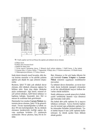 91
75 5 katlı yapılar için Sovyet Rusya’da yapılan çok tabakalı duvar elemanı
a) Düşey kesit
b) Düşey derz boyunca kesit
c) Başka bir düşey derz
1 Tavan taşıyıcı betonarme duvar, 2 Mineral elyaf yalıtım tabakası, 3 Hafif beton, 4 Dış kabuk,
5 Çimento harç, 6 Yalıtıcı fitiller, 7 Yağmurluk, 8 Düşey derz, 9 Yalıtım malzemesi, 10 Plâstik beton,
11 Dekompresyon bölmesi, 12 Yalıtıcı macun
linde demir donatılı masif tavanlar, dört du-
var üzerine otururlar ve bu şekilde çatlama
eğilimi çok düşük bir yapı yöntemi oluştu-
rurlar.
Rusların, Şekil 75 daki çok tabakalı duvar
elemanı, dört tabakalı olmasına rağmen bu
bölüme aittir. Đçten dışa doğru tabakalar
şöyle sıralanmıştır. Ağır beton, mineral el-
yaf yalıtım tabakası, hafif beton tabakası ve
kaplama kabuğu, basamaklı derz fitil ve
macun ile sızdırmaz hale getirilmiştir.
Danimarka’nın meşhur Larsen-Nielsen sis-
teminin duvar elemanı, Şekil 76’da gösteril-
miştir. Tavanı taşımadığından iç kabuk sa-
dece 80 mm kalınlığındadır. Bu üç tabakalı
elemanın karakteristik özelliği çapraz du-
vara ayarlama levhaları (7) yardımıyla
asılmasıdır. Duvar çıkıntısı, harç (9) ile ör-
tülür.
Batı Almanya ve bir çok başka ülkenin bir
çok kentinde Camus, Coignet ve Larsen-
Nilsen sistemini uygulayan imalâthaneler
mevcuttur.
Üç tabakalı duvar elemanları, ya tavan üze-
rinde duran korkuluk (parapet) elemanları
ya da kat yüksekliğinde taşıyıcı kalkan du-
varları olarak kullanılır.
Statik yüklemeye uymak amacıyla iç kabuk,
çeşitli sertliklerde donatılı veya donatısız
ağır betondan imâl edilir.
Dış kabuk dört çelik saplama ile iç taşıyıcı
tabakaya asılmıştır. Ayrıca betonla kaplan-
mış iki normal yapı çeliğinden saplama lev-
ha ortasından fazladan yerleştirilmiştir. Ya-
ni kabuk başına 6 tane çelik saplama kulla-
nılmıştır. Isı teknik açıdan bunu dikkate
almak gerekir.
 