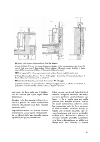 95
81 Sağlam yapılı pencere altı duvar (Mimar Prof. Dr. Rimpel)
1 Isıtıcı, 2 Örtücü, 3 Sıva, 4 Đnce ahşap yünü yalıtım tabakası, 5 Ağır betondan pencere altı duvarı (70
mm), 6 Sıcak hava çıkışı, 7 Harç tabakası, 8 Cephe plâkaları, 9 Đç tarafta pencere denizliği, 10 Kafes
ızgara, 11 Termo camlama, 12 Jaluzi, 13 Betonarme, 14 Perde kornişleri.
82 Masif uygulamalı bir yüksek yapının pencere altı tabakası (Pencere eteği) (Neufert’e göre)
1 Örtücü, 2 Klima cihazı, 3 Sıva, 4 PS veya PUR köpüğü, 5 Beton levha, 6 Yerinde dökülen beton, 7
Jaluzi, 8 Pencere, 9 Masif tavan, 10 Akustik tavan.
83 Önüne beton levha asılmış pencere altı duvar elemanı (W. Schaupp)
1 Đç tarafta ağır beton, 2 Isı yalıtım tabakası, 3 Rüzgâr ve yağış korunumu, 4 Arkadan havalandırma, 5
Çapraz telli, asılan beton levha, 6 Seramik tabaka, 7 Bağlantı saplamaları.
mak amacı ile duvar daha ince örüldüğün-
den bu duvarlar yapı içinde büyük önem
kazanmıştır.
Gereksiz ısı kaybını asgariye indirmek için,
özellikle pencere altı duvar elemanlarının
(pencere eteklerinin) ısıya karşı mutlaka
yaıtılması şarttır.
Dış ülkelerde bu maksatla pencere alt duvar
elemanlarının sadece taşıyıcı olmayan şekil-
de ısı yalıtımlı, hafif yapı tarzında yapılma
eğilimleri gün geçtikçe artmaktadır.
Fakat yangına karşı teknik önlemlerle ilgili
nizamlar, bu eğilime karşıdırlar. Bu amaçla
sık sık ya gerekli ısı yalıtımını kendisi sağ-
layan, ya da iç tarafta veya dış tarafta
yalıtılan masif kabuklar kullanılır. Pencere
altı duvar elemanlarında difüzyon sorunu
her zamankinden başka bir önem kazanmış-
tır. Oda havasındaki su buharı, dışarıya çı-
karken yolu üzerinde dengeleme için du-
varın kendisinden çok pencere şeridindeki
sızdırıcı yerleri kullanacaktır. Pencere altı
duvarları üzerinde genellikle radyatörlerin
veya diğer ısı kaynaklarının yer aldığı veya
buraya sıcak hava üflendiği ve böylece
 