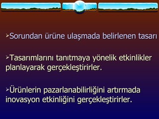 Sorundan ürüne ulaşmada belirlenen tasarım sürecini yaşarlar Tasarımlarını tanıtmaya yönelik etkinlikler planlayarak gerçekleştirirler. Ürünlerin pazarlanabilirliğini artırmada inovasyon etkinliğini gerçekleştirirler. 