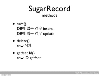YAPP Advanced Android Study .
SugarRecord
methods
• save()
DB에 없는 경우 insert,
DB에 있는 경우 update
• delete()
row 삭제
• get/set Id()
row ID get/set
13년 7월 26일 금요일
 