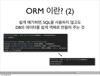 YAPP Advanced Android Study .
ORM 이란? (2)
쉽게 얘기하면, SQL을 사용하지 않고도
DB의 데이터를 쉽게 객체로 만들어 주는 것
WishItem item = new WishItem(itemName, createdTime);
int rowId;
	 	
ContentValues values = new ContentValues();
values.put(WishItemsDbColumns.ITEM_NAME, itemName);
values.put(WishItemsDbColumns.CREATED_TIME, createdTime);
rowId = db.insert(WishItemsDbColumns.TABLE_NAME, null, values);
item.setId(rowId)
WishItem item = new WishItem(itemName,
createdTime);
item.save();
13년 7월 26일 금요일
 