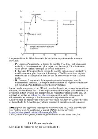Les paramètres du PID influencent la réponse du système de la manière
suivante :
   •   P : Lorsque P augmente, le temps de montée (rise time) est plus court
       mais il y a un dépassement plus important. Le temps d'établissement
       varie peu et l'erreur statique se trouve améliorée.
   •   I : Lorsque 1/I augmente, le temps de montée est plus court mais il y a
       un dépassement plus important. Le temps d'établissement au régime
       stationnaire s'allonge mais dans ce cas on assure une erreur statique
       nulle.
   •   D : Lorsque D augmente, le temps de montée change peu mais le
       dépassement diminue. Le temps d'établissement au régime stationnaire
       est meilleur. Pas d'influences sur l'erreur statique.
L'analyse du système avec un PID est très simple mais sa conception peut être
délicate, voire difficile, car il n'existe pas de manière unique pour résoudre ce
problème. Il faut trouver des compromis, le régulateur idéal n'existe pas. En
général on se fixe un cahier des charges à respecter sur la robustesse, le
dépassement et le temps d'établissement du régime stationnaire.
Les méthodes de réglage les plus utilisées sont la méthode de Ziegler-Nichols,
et la méthode de P. Naslin (polynômes normaux à amortissement réglable).

NOTE: pour une approche théorique des correcteurs PID, vous pouvez aller
voir l'article que j'ai écrit pour le projet YAPSC, à cette adresse:
http://papsi.origo.ethz.ch/wiki/Principe_du_PID
L'encyclopédie Wikipedia possède également un article assez bien fait.



                   3.1.2 :Erreur maximale
Le réglage de l'erreur se fait par la commande L :
 
