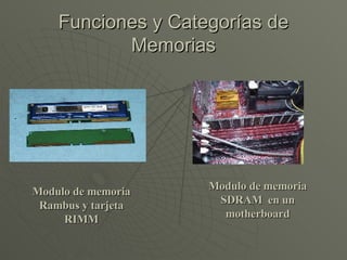 Funciones y Categorías de Memorias Modulo de memoria Rambus y tarjeta RIMM Modulo de memoria SDRAM  en un motherboard 