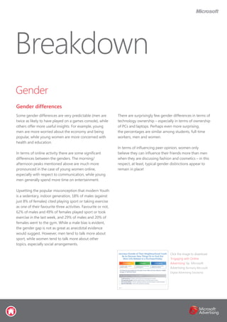 Gender
Gender differences
Breakdown
Some gender differences are very predictable (men are
twice as likely to have played on a games console), while
others offer more useful insights. For example, young
men are more worried about the economy and being
popular, while young women are more concerned with
health and education.
In terms of online activity there are some significant
differences between the genders. The morning/
afternoon peaks mentioned above are much more
pronounced in the case of young women online,
especially with respect to communication, while young
men generally spend more time on entertainment.
Upsetting the popular misconception that modern Youth
is a sedentary, indoor generation, 18% of males (against
just 8% of females) cited playing sport or taking exercise
as one of their favourite three activities. Favourite or not,
62% of males and 49% of females played sport or took
exercise in the last week, and 29% of males and 20% of
females went to the gym. While a male bias is evident,
the gender gap is not as great as anecdotal evidence
would suggest. However, men tend to talk more about
sport, while women tend to talk more about other
topics, especially social arrangements.
There are surprisingly few gender differences in terms of
technology ownership – especially in terms of ownership
of PCs and laptops. Perhaps even more surprising,
the percentages are similar among students, full-time
workers, men and women.
In terms of influencing peer opinion, women only
believe they can influence their friends more than men
when they are discussing fashion and cosmetics – in this
respect, at least, typical gender distinctions appear to
remain in place!
Click the image to download
‘Engaging with Online
Advertising’ by Microsoft
Advertising (formerly Microsoft
Digital Advertising Solutions)
 