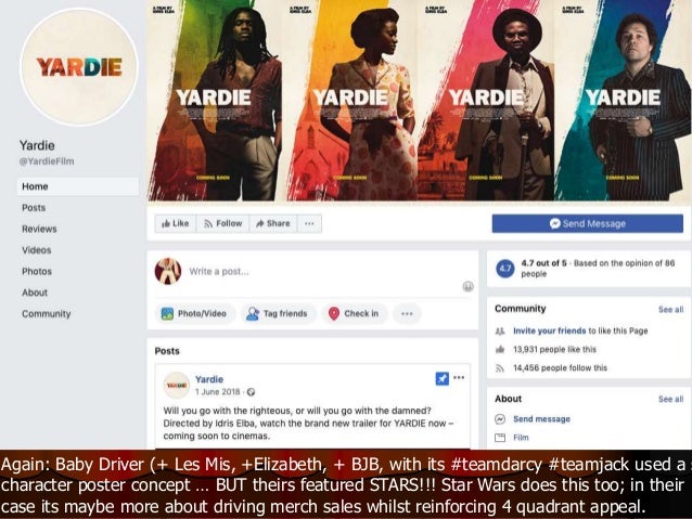 Again: Baby Driver (+ Les Mis, +Elizabeth, + BJB, with its #teamdarcy #teamjack used a s
character poster concept … BUT theirs featured STARS!!! Star Wars does this too; in their
case its maybe more about driving merch sales whilst reinforcing 4 quadrant appeal.
 