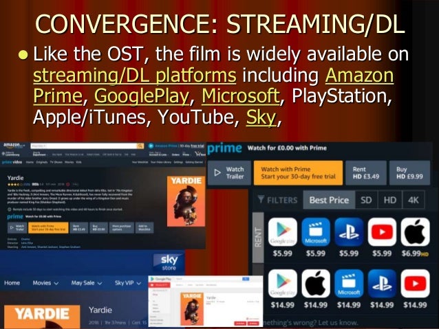 CONVERGENCE: STREAMING/DL
 Like the OST, the film is widely available on
streaming/DL platforms including Amazon
Prime, GooglePlay, Microsoft, PlayStation,
Apple/iTunes, YouTube, Sky,
 
