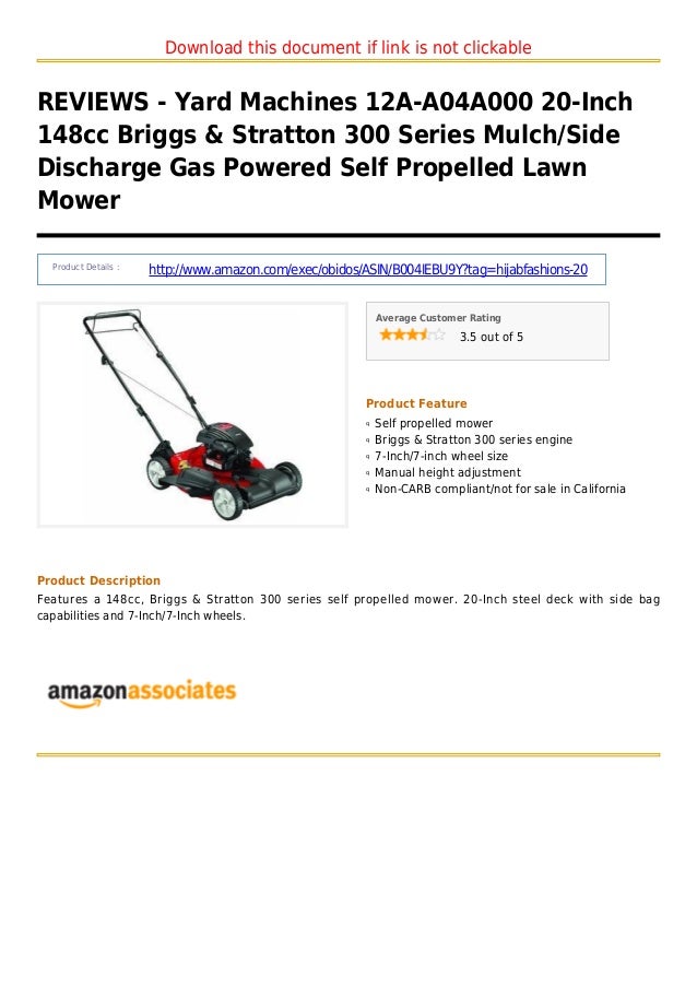 Yard machines 12 a a04a000 20inch 148cc briggs stratton 300 series mulch side discharge gas powered