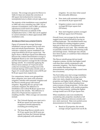 increase. The average area given for Denver in                 irrigation. It is not clear what caused
Table 4-2 does not contain the correction of                   this noticeable difference.
222 square feet (reduction) for removing
nonreplanted area to obtain cost per square foot.          •   New starts with automatic irrigation
                                                               cost about $1.36 per square foot.
The majority of the installations were completed
in 1998 with a few extending into 1999. For an             •   Irrigation system costs in retrofits
estimate of installation costs in 2005, an inflation           averaged $0.14 per square foot
adjustment would need to be applied.                           (30 homes).
Appendix D discusses an estimate of the
                                                           •   New start irrigation systems averaged
multiplication factor, 1.1543, that can be applied
                                                               $0.29 per square foot (74 homes).
to current estimates to obtain approximate 2005
installation costs.                                    Overall, lower cost averages for the retrofits
                                                       suggest some financial benefit by having an
AVERAGE INSTALLATION COSTS                             existing landscape. The retrofitted homes may
                                                       have modified an existing irrigation system,
Figure 4-3 presents the average Xeriscape
                                                       kept part of their turf, or transplanted some
installation costs per square foot for each new
                                                       existing plants to save costs. Also, retrofits only
start and retrofit demonstration. The figure
                                                       occasionally needed to deal with retaining walls
indicates a relatively narrow installation cost
                                                       and drainage issues. Hardscape may already
range from $0.83 to $1.43 per square foot. The
                                                       have been in place, or could have been enhanced
figure shows a $0.60-per-square-foot difference
                                                       inexpensively.
between the costliest demonstration average in
Highlands Ranch (a new start demonstration)            The Denver retrofit group did not install
and the least expensive average for the Colorado       irrigation systems, yet they had higher install
Springs retrofit. It is noted that applying the        costs than their retrofit counterparts with
Denver factor estimate of 7.9 percent (more            automatic irrigation. The Denver landscapes
costly) for excluding pre-existing area to the         were smaller than those in other
Colorado Springs and Greeley retrofit costs of         demonstrations, and perhaps this caused some
Figure 4-3, would adjust their costs to $0.90 and      loss of economy.
$1.06 per square foot, respectively.
                                                       The Fort Collins new start average installation
For comparisons, homes were grouped into               cost of $1.34 fell within the average cost of the
three categories: new starts with automatic            other new starts, despite involving large
irrigation, retrofits with automatic irrigation and    properties and higher family affluence. Perhaps
the Denver retrofit group with manual                  homeowners in Fort Collins benefited from
irrigation. Regarding the two groups with              some economy of large properties. On the other
automatic irrigation, the difference in                hand, Highlands Ranch, with smaller properties,
installation cost is about $0.38 per square foot       may have lost economy, yielding the highest
less costly for the retrofits. This difference is      average install cost of $1.43 per square foot.
about 25 to 30 percent less expensive for
installing retrofits. Other average cost outcomes      When installation costs were stratified by
include:                                               considering only properties classified as full
                                                       Xeriscapes, differences between retrofits and
    •   The Colorado Springs new start cost is         new starts narrowed. Data were pooled across
        $0.40 per square foot more than its            demonstrations for these computations.
        companion retrofit (adjusted by
        excluding pre-existing area).                      •   Based on 22 properties, the retrofit
                                                               average cost per square foot was $1.26.
    •   The hose-drag Denver retrofit cost is
        $1.12 per square foot, $0.22 more per
        square foot than the Colorado Springs
        retrofit (adjusted) with automatic


                                                                                 Chapter Four         4-3
 