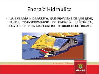 Energía Hidráulica La energía hidráulica, que proviene de los ríos, puede transformarse en energía eléctrica, como sucede en las centrales hidroeléctricas. 