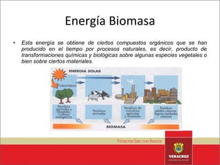 Energía Biomasa Esta energía se obtiene de ciertos compuestos orgánicos que se han producido en el tiempo por procesos naturales, es decir, producto de transformaciones químicas y biológicas sobre algunas especies vegetales o bien sobre ciertos materiales. 