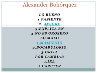 LO BUENO
1.PASIENTE
2. ALEGRE
3.EXPLICA BN
4.NO ES GROSERO
LO MALO
1.MALGENIO
2.BOCABULORIO
3.GRITA
POR CAMBIAR
1.IRA
2.CARCTER
Alexander Bohórquez
 