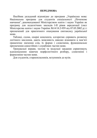 ПЕРЕДМОВА
Посібник укладений відповідно до програми „Українська мова:
Національна програма для студентів спеціальності „Початкове
навчання”, рекомендованої Міністерством освіти і науки України як
програму для педагогічних закладів І-ІІ рівня акредитації (лист
Міністерства освіти і науки України №14/18.2-959 від 07.05.2002 р.) і
призначений для практичного опанування синтаксису української
мови.
Таблиці, схеми, опорні конспекти, алгоритми сприяють розвитку
логічного мислення, дають можливість швидко відновити в пам’яті
граматичне значення слів, їх форми і словозміни, функціональне
призначення самостійних і службових частин мови.
Тренувальні вправи, тестові та модульні завдання сприятимуть
вдосконаленню навичок морфологічного розбору, словозміни і
формозміни частин мови.
Для студентів, старшокласників, вступників до вузів.
 