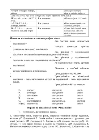 чотири, сто сорок чотири,
обидві
сто сорок чотири
берези, обидві подруги
Але: два плеча, три вуха, чотири ока (парні предмети в Р.в. одн.)
П’ять, шість, сім…36,527 і
под..
Р.в. множини Шість огірків, 527 учнів
1/3,7/10,3 ½, 6,5…
півтора, півтори
Р.в. однини Одна третя дроби, сім
десятих гектара
Від 5 ½, 6 ½ … тисяча,
мільйон, мільярд, збірні
Р.в. множини Кілька днів і ночей, двоє
незнайомих, мільйон
віків, п’ять з половиною
загонів
Питання та завдання для самоперевірки знань
- Яка частина мови називається
числівником?
- Наведіть приклади простих
(складених, складних) числівників.
- Яка різниця у відмінюванні
кількісних числівників на позначення десятків і сотень?
- Яка різниця у відмінюванні
складених кількісних і порядкових числівників?
- Як відмінюються збірні, дробові
числівники?
- Відновіть у пам’яті таблицю
зв’язку числівників з іменниками.
- Провідміняйте 40, 90, 100.
- Провідміняйте як кількісний
числівник – день народження матусі; як порядковий – день народження
дідуся.
- Провідміняйте 888 за зразком:
Н. шістсот шістдесят шість
Р. шестисот шістдесяти шести
Д. шестистам шістдесяти шести
З. шістсот шістдесят шість
О. шістьмастами шістдесятьма шістьма
М.(на) шестистах шістдесяти шести
Вправи та завдання до теми «Числівник»
1. Перепишіть, розкриваючи дужки.
1. Лівий берег кипів, клекотав, ревів, скреготав тисячами (мотор, гусениця,
колесо). (Л. Дмитерко.) 2. Поміж небом і землею рухались і рухались два
живі (вогник). (М. Стельмах.) 3. Високо в небі плавали два (яструб). (О.
Десняк.) 4. Три (день) минуло, а лелеки не з'являлись. (Ю. Збанацький.) 5.
Наше село нараховує п'ятдесят одну (хата). (Ю. Яновський.) 6. Один син – не
 