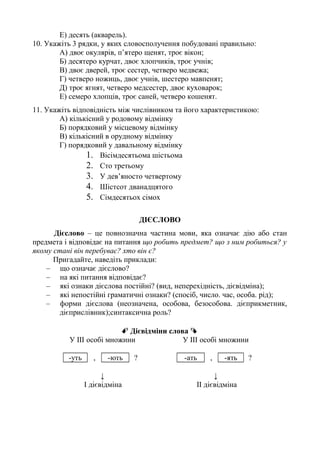 Е) десять (акварель).
10. Укажіть 3 рядки, у яких словосполучення побудовані правильно:
А) двоє окулярів, п’ятеро щенят, троє вікон;
Б) десятеро курчат, двоє хлопчиків, троє учнів;
В) двоє дверей, троє сестер, четверо медвежа;
Г) четверо ножиць, двоє учнів, шестеро мавпенят;
Д) троє ягнят, четверо медсестер, двоє куховарок;
Е) семеро хлопців, троє саней, четверо кошенят.
11. Укажіть відповідність між числівником та його характеристикою:
А) кількісний у родовому відмінку
Б) порядковий у місцевому відмінку
В) кількісний в орудному відмінку
Г) порядковий у давальному відмінку
1. Вісімдесятьома шістьома
2. Сто третьому
3. У дев’яносто четвертому
4. Шістсот дванадцятого
5. Сімдесятьох сімох
ДІЄСЛОВО
Дієслово – це повнозначна частина мови, яка означає дію або стан
предмета і відповідає на питання що робить предмет? що з ним робиться? у
якому стані він перебуває? хто він є?
Пригадайте, наведіть приклади:
– що означає дієслово?
– на які питання відповідає?
– які ознаки дієслова постійні? (вид, неперехідність, дієвідміна);
– які непостійні граматичні ознаки? (спосіб, число. час, особа. рід);
– форми дієслова (неозначена, особова, безособова. дієприкметник,
дієприслівник);синтаксична роль?
 Дієвідміни слова 
У ІІІ особі множини У ІІІ особі множини
-уть , -ють ? -ать , -ять ?
↓ ↓
І дієвідміна ІІ дієвідміна
 