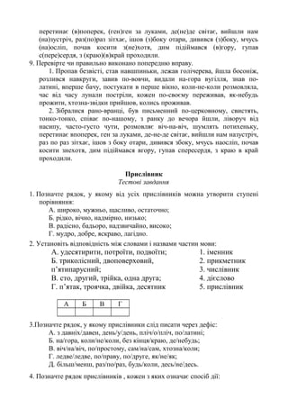 перетинає (в)поперек, (ген)ген за луками, де(не)де світає, вийшли нам
(на)зустріч, раз(по)раз зітхає, ішов (з)боку отари, дивився (з)боку, мчусь
(на)осліп, почав косити з(не)хотя, дим підіймався (в)гору, гупав
с(пере)сердя, з (краю)(в)край проходили.
9. Перевірте чи правильно виконано попередню вправу.
1. Пропав безвісті, став навшпиньки, лежав голічерева, йшла босоніж,
розлився навкруги, завив по-вовчи, видали на-гора вугілля, знав по-
латині, вперше бачу, постукати в перше вікно, коли-не-коли розмовляла,
час від часу лунали постріли, кожен по-своєму переживав, як-небудь
прожити, хтозна-звідки прийшов, колись проживав.
2. Зібралися рано-вранці, був письменний по-церковному, свистять,
тонко-тонко, співає по-нашому, з ранку до вечора йшли, ліворуч від
насипу, часто-густо чути, розмовляє віч-на-віч, шумлять потихеньку,
перетинає впоперек, ген за луками, де-не-де світає, вийшли нам назустріч,
раз по раз зітхає, ішов з боку отари, дивився збоку, мчусь наосліп, почав
косити знехотя, дим підіймався вгору, гупав спересердя, з краю в край
проходили.
Прислівник
Тестові завдання
1. Позначте рядок, у якому від усіх прислівників можна утворити ступені
порівняння:
А. широко, мужньо, щасливо, остаточно;
Б. рідко, вічно, надмірно, низько;
В. радісно, бадьоро, надзвичайно, високо;
Г. мудро, добре, яскраво, лагідно.
2. Установіть відповідність між словами і назвами частин мови:
А. удесятирити, потроїти, подвоїти;
Б. триколісний, двоповерховий,
п’ятипарусний;
В. сто, другий, трійка, одна друга;
Г. п’ятак, троячка, двійка, десятник
1. іменник
2. прикметник
3. числівник
4. дієслово
5. прислівник
А Б В Г
3.Позначте рядок, у якому прислівники слід писати через дефіс:
А. з давніх/давен, день/у/день, пліч/о/пліч, по/латині;
Б. на/гора, коли/не/коли, без кінця/краю, де/небудь;
В. віч/на/віч, по/простому, сам/на/сам, хтозна/коли;
Г. ледве/ледве, по/праву, по/друге, як/не/як;
Д. більш/менш, раз/по/раз, будь/коли, десь/не/десь.
4. Позначте рядок прислівників , кожен з яких означає спосіб дії:
 