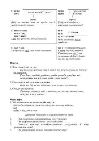 б) якщό
} наголошений 2й
склад?
як що
}
наголошений
1й
склад?якбú як би
↓ ↓
разом окремо
Якбú ви вчились так, як треба, то й
мудрість би була своя.
Як би мені хотілось у
маленький човник сісти!
в) теж = також
тож = тому
таж = адже
Таж про цю подію вже говорилося.
те ж
> те саме
то ж
та ж → та сама
Мене хвилювала та ж
проблема.
г) щоб = аби
Ми прийшли, щоб світ новий створити.
що б → б можна перенести
в другу частину речення.
Я довго думав, що б вам
розповісти. Я довго думав,
що вам би розповісти.
Окремо
1. З частками б, би, ж, же:
але ж, бо ж, а як же, коли б, коли б то, хоча б, хоч би, до того ж.
Не плутайте!
Коли б то, хоч би із мовбито, мовби, немовби, начебто, які
починаються з н, м („наша мама з нами разом”).
2. Сполучники, які закінчуються на що:
Тому що, дарма що, незважаючи на те що, через те що.
3. Складні сполучники:
Дарма що, для того щоб, з того часу як, так що, тимчасом як,
тому що, в міру того як.
Через дефіс
1. З підсилювальними частками -бо, -но, то:
Отож-бо, тільки-но, тож-то, тому-то, тим-то, якби-то.
але:
цебто = або, тобто = чи.
Питання і завдання для самоконтролю знань
1. Які службові слова називаються сполучниками?
2. Як розрізняти сполучники і сполучні слова?
3. Наведіть приклади непохідних/похідних сполучників. У чому
різниця між ними?
4. Як утворюються складні і складені сполучники?
 