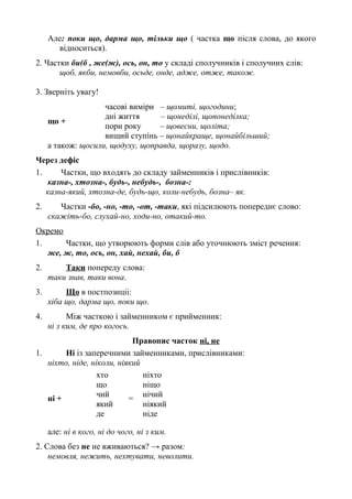 Але: поки що, дарма що, тільки що ( частка що після слова, до якого
відноситься).
2. Частки би(б , же(ж), ось, он, то у складі сполучників і сполучних слів:
щоб, якби, немовби, осьде, онде, адже, отже, також.
3. Зверніть увагу!
що +
часові виміри – щомиті, щогодини;
дні життя – щонеділі, щопонеділка;
пори року – щовесни, щоліта;
вищий ступінь – щонайкраще, щонайбільший;
а також: щосили, щодуху, щоправда, щоразу, щодо.
Через дефіс
1. Частки, що входять до складу займенників і прислівників:
казна-, хтозна-, будь-, небудь-, бозна-:
казна-який, хтозна-де, будь-що, коли-небудь, бозна– як.
2. Частки -бо, -но, -то, -от, -таки, які підсилюють попереднє слово:
скажіть-бо, слухай-но, ходи-но, отакий-то.
Окремо
1. Частки, що утворюють форми слів або уточнюють зміст речення:
же, ж, то, ось, он, хай, нехай, би, б
2. Таки попереду слова:
таки знав, таки вона.
3. Що в постпозиціі:
хіба що, дарма що, поки що.
4. Між часткою і займенником є прийменник:
ні з ким, де про когось.
Правопис часток ні, не
1. Ні із заперечними займенниками, прислівниками:
ніхто, ніде, ніколи, ніякий
ні +
хто
=
ніхто
що ніщо
чий нічий
який ніякий
де ніде
але: ні в кого, ні до чого, ні з ким.
2. Слова без не не вживаються? → разом:
немовля, нежить, нехтувати, неволити.
 