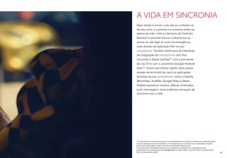 A VIDA EM SINCRONIA
Quer esteja a iniciar o seu dia ou a afastar-se
do seu carro, o conforto e o controlo estão na
palma da mão. Com os Serviços de Controlo
Remoto* é possível trancar e destrancar as
portas ou até ligar as luzes de emergência,
tudo através da aplicação MyT no seu
smartphone. Também desfrutará da liberdade
de integração de smartphones sem fios,
incluindo o Apple CarPlayTM
com a assistente
de voz Siri e com o assistente Google Android
AutoTM
. Assim que estiver ligado, terá acesso
através do ecrã tátil do carro às aplicações
favoritas do seu smartphone, como o Spotify,
WhatsApp, Audible, Google Maps e Waze.
Poderá reproduzir música, efetuar chamadas,
ouvir mensagens. Uma autêntica sensação de
sincronia com a vida.
* É importante ter em conta que as funcionalidades do controlo remoto aqui apresentadas
servem apenas para fins ilustrativos. Solicitamos que consulte o seu revendedor Toyota
para mais informações acerca das funcionalidades disponíveis.
O sistema de multimédia Toyota Touch® pode ser escolhido por utilizadores que
pretendam uma integração do smartphone via cabo USB e o pacote básico da aplicação
MyT Connected Services. 13
 