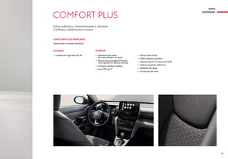 COMFORT PLUS
EXTERIOR
— Jantes em liga leve de 16’’
INTERIOR
— Alavanca da caixa
de velocidades em pele
— Banco do passageiro frontal
com ajuste em altura manual
— Câmara auxiliar traseira
— Ecrã TFT de 7”
CARACTERÍSTICAS PRINCIPAIS
(adicionais à versão Comfort)
— Sensor de chuva
— Vidro frontal acústico
— Toyota Touch® 2 com ecrã de 8”
— Vidros traseiros elétricos
— Volante em pele
— 4 colunas de som
Estilo autêntico, impressionante e cómodo.
Confiança citadina pura e dura.
GAMA
DISPONÍVEL
19
 