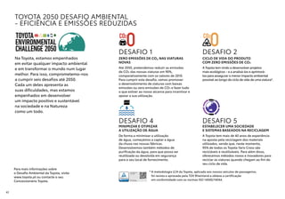 Até 2050, pretendemos reduzir as emissões
de CO2 das nossas viaturas em 90%,
comparativamente com os valores de 2010.
Para cumprir este desafio, vamos promover
o desenvolvimento de viaturas com baixas
emissões ou zero emissões de CO2 e fazer tudo
o que estiver ao nosso alcance para incentivar e
apoiar a sua utilização.
ZERO EMISSÕES DE CO₂ NAS VIATURAS
NOVAS
DESAFIO 1
A Toyota tem vindo a desenvolver projetos
mais ecológicos – e a analisá-los e aprimorá-
los para assegurar o menor impacto ambiental
possível ao longo do ciclo de vida de uma viatura*.
CICLO DE VIDA DO PRODUTO
COM ZERO EMISSÕES DE CO₂
DESAFIO 2
Na Toyota, estamos empenhados
em evitar qualquer impacto ambiental
e em transformar o mundo num lugar
melhor. Para isso, comprometemo-nos
a cumprir seis desafios até 2050.
Cada um deles apresenta as
suas dificuldades, mas estamos
empenhados em desenvolver
um impacto positivo e sustentável
na sociedade e na Natureza
como um todo.
De forma a minimizar a utilização
de água, começámos a captar a água
da chuva nas nossas fábricas.
Desenvolvemos também métodos de
purificação da água, para que possa ser
reutilizada ou devolvida em segurança
para o seu local de fornecimento.
MINIMIZAR E OTIMIZAR
A UTILIZAÇÃO DE ÁGUA
DESAFIO 4
A Toyota tem mais de 40 anos de experiência
na aposta pela reciclagem dos materiais
utilizados, sendo que, neste momento,
95% de todos os Toyota Yaris Cross são
recicláveis e reutilizáveis. Para além disso,
oferecemos métodos novos e inovadores para
reciclar as viaturas quando chegam ao fim do
seu ciclo de vida.
ESTABELECER UMA SOCIEDADE
E SISTEMAS BASEADOS NA RECICLAGEM
DESAFIO 5
Para mais informações sobre
o Desafio Ambiental da Toyota, visite:
www.toyota.pt ou contacte o seu
Concessionário Toyota.
* A metodologia LCA da Toyota, aplicada aos nossos veículos de passageiros,
foi revista e aprovada pela TÜV Rheinland e obteve a certificação
em conformidade com as normas ISO 14040/14044.
TOYOTA 2050 DESAFIO AMBIENTAL
- EFICIÊNCIA E EMISSÕES REDUZIDAS
42
 