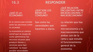 16.3 RESPONDER
¿QUÉ ES LA
ECONOMÍA?
Es la ciencia que estudia
tanto las personas como
la sociedad.
La economía es ciencia
social que se ocupa de
como administrar los
recursos escasos para
producir bienes y
servicios para haci
satisfacer la mejor
posible necesidades
¿QUÉ SON LOS
BIENES DE
CONSUMO?
Son como las
necesidades que
hacemos a diario.
¿QUÉ RELACIÓN
ENCUENTRAS ENTRE
MICROECONOMÍA Y
MACROECONOMÍA?
La relación que hay
entre
microeconomía y la
macroeconomía que
ambas son de la
rama y que estudia
el funcionamiento
general de la
economía.
 