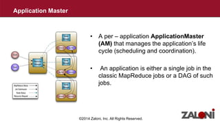 Application Master 
• A per – application ApplicationMaster 
(AM) that manages the application’s life 
cycle (scheduling and coordination). 
• An application is either a single job in the 
classic MapReduce jobs or a DAG of such 
jobs. 
©2014 Zaloni, Inc. All Rights Reserved. 
 
