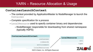 YARN – Resource Allocation & Usage 
ContainerLaunchContext 
– The context provided by ApplicationMaster to NodeManager to launch the 
Container 
– Complete specification for a process 
– LocalResource used to specify container binary and dependencies 
– NodeManager responsible for downloading from shared namespace 
(typically HDFS) 
ContainerLaunchContext 
© Hortonworks Inc. 2013 
container 
commands 
environment 
localResources 
LocalResource 
uri 
type 
©2014 Zaloni, Inc. All Rights Reserved. 
 