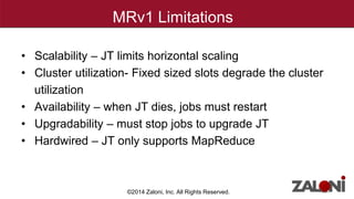 MRv1 Limitations 
• Scalability – JT limits horizontal scaling 
• Cluster utilization- Fixed sized slots degrade the cluster 
utilization 
• Availability – when JT dies, jobs must restart 
• Upgradability – must stop jobs to upgrade JT 
• Hardwired – JT only supports MapReduce 
©2014 Zaloni, Inc. All Rights Reserved. 
 