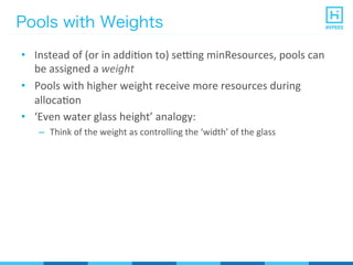 Pools with Weights
•  Instead	
  of	
  (or	
  in	
  addiPon	
  to)	
  serng	
  minResources,	
  pools	
  can	
  
be	
  assigned	
  a	
  weight	
  
•  Pools	
  with	
  higher	
  weight	
  receive	
  more	
  resources	
  during	
  
allocaPon	
  
•  ‘Even	
  water	
  glass	
  height’	
  analogy:	
  
–  Think	
  of	
  the	
  weight	
  as	
  controlling	
  the	
  ‘width’	
  of	
  the	
  glass	
  
 