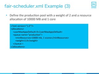 fair-scheduler.xml Example (3)
•  Deﬁne	
  the	
  producPon	
  pool	
  with	
  a	
  weight	
  of	
  2	
  and	
  a	
  resource	
  
allocaPon	
  of	
  10000	
  MB	
  and	
  1	
  core	
  
<?xml	
  version=“1.0”?>	
  
<allocaPons>	
  
	
  	
  	
  	
  <userMaxAppsDefault>3</userMaxAppsDefault>	
  
	
  	
  	
  	
  <queue	
  name=“producPon”>	
  
	
  	
  	
  	
  	
  	
  	
  	
  <minResources>10000	
  mb,	
  1	
  vcores</minResources>	
  
	
  	
  	
  	
  	
  	
  	
  	
  <weight>2.0</weight>	
  
	
  	
  	
  	
  </queue	
  >	
  
</allocaPons>	
  
 