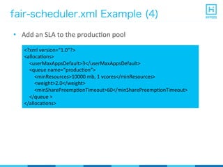 fair-scheduler.xml Example (4)
•  Add	
  an	
  SLA	
  to	
  the	
  producPon	
  pool	
  
<?xml	
  version=“1.0”?>	
  
<allocaPons>	
  
	
  	
  	
  	
  <userMaxAppsDefault>3</userMaxAppsDefault>	
  
	
  	
  	
  	
  <queue	
  name=“producPon”>	
  
	
  	
  	
  	
  	
  	
  	
  	
  <minResources>10000	
  mb,	
  1	
  vcores</minResources>	
  
	
  	
  	
  	
  	
  	
  	
  	
  <weight>2.0</weight>	
  
	
  	
  	
  	
  	
  	
  	
  	
  <minSharePreempPonTimeout>60</minSharePreempPonTimeout>	
  
	
  	
  	
  	
  </queue	
  >	
  
</allocaPons>	
  
 
