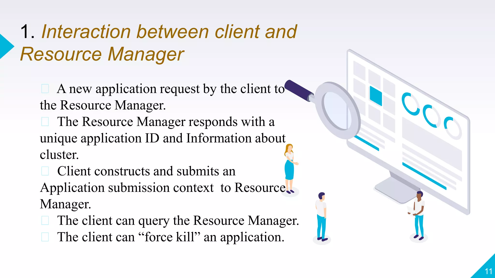1. Interaction between client and
Resource Manager
11
A new application request by the client to
the Resource Manager.
The Resource Manager responds with a
unique application ID and Information about
cluster.
Client constructs and submits an
Application submission context to Resource
Manager.
The client can query the Resource Manager.
The client can “force kill” an application.
 