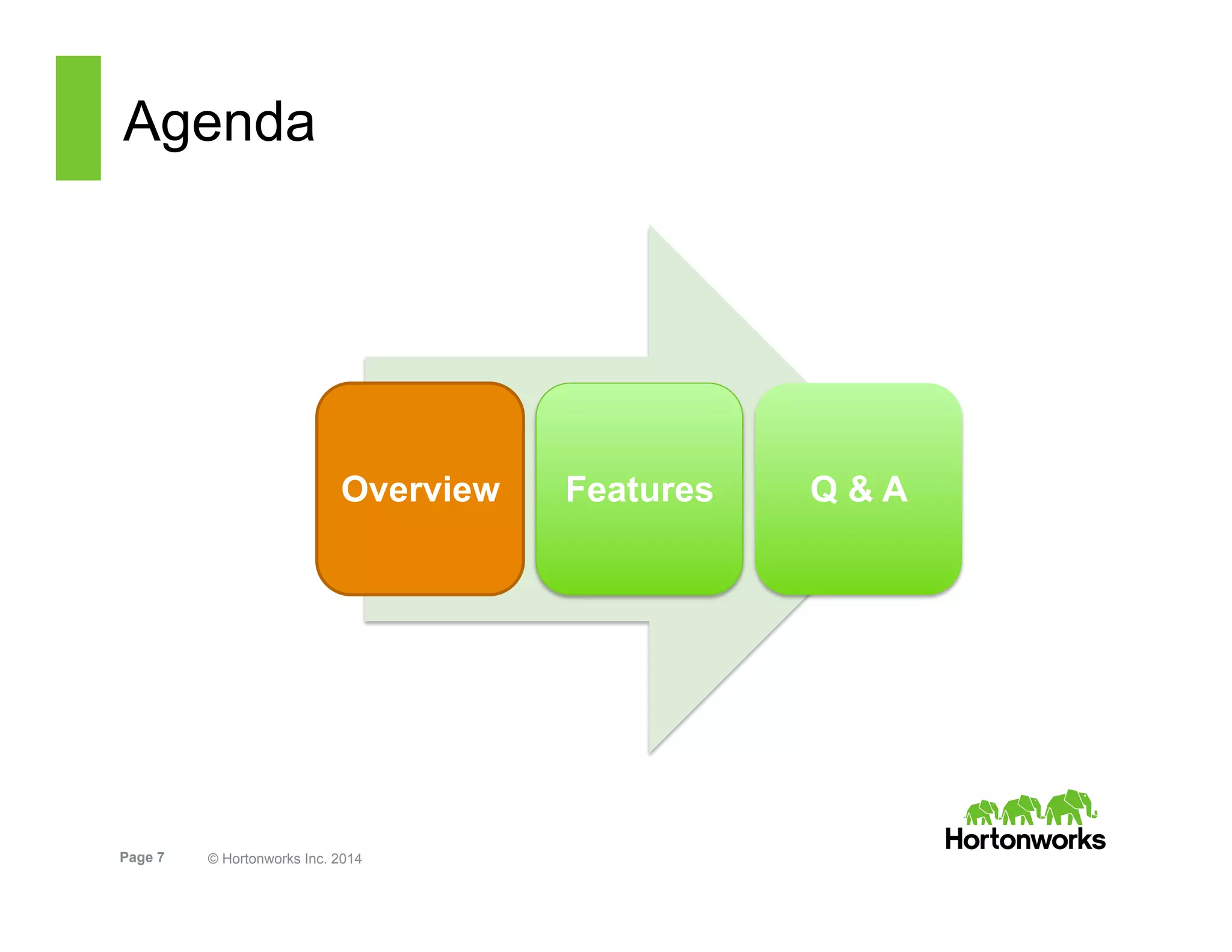 Page 7 © Hortonworks Inc. 2014
Agenda
Overview Features Q & A
 