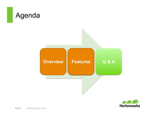 Page 9 © Hortonworks Inc. 2014
Agenda
Overview Features Q & A
 