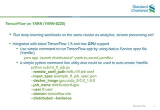 34Document Title
TensorFlow on YARN (YARN-8220)
• Run deep learning workloads on the same cluster as analytics, stream pro...