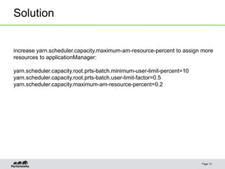 Solution
Page 13
increase yarn.scheduler.capacity.maximum-am-resource-percent to assign more
resources to applicationManager:
yarn.scheduler.capacity.root.prts-batch.minimum-user-limit-percent=10
yarn.scheduler.capacity.root.prts-batch.user-limit-factor=0.5
yarn.scheduler.capacity.maximum-am-resource-percent=0.2
 