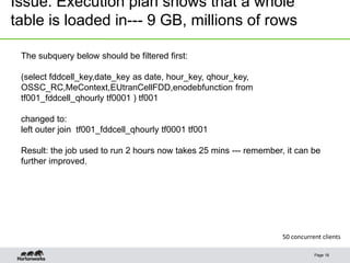 Page 18
50 concurrent clients
Issue: Execution plan shows that a whole
table is loaded in--- 9 GB, millions of rows
The subquery below should be filtered first:
(select fddcell_key,date_key as date, hour_key, qhour_key,
OSSC_RC,MeContext,EUtranCellFDD,enodebfunction from
tf001_fddcell_qhourly tf0001 ) tf001
changed to:
left outer join tf001_fddcell_qhourly tf0001 tf001
Result: the job used to run 2 hours now takes 25 mins --- remember, it can be
further improved.
 