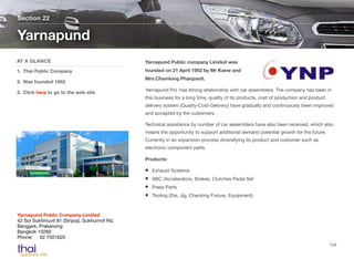 Yarnapund Public company Limited was
founded on 21 April 1952 by Mr Kaew and
Mrs.Chamlong Phanpanit.
Yarnapund Pcl. has strong relationship with car assemblers. The company has been in
this business for a long time, quality of its products, cost of production and product
delivery system (Quality-Cost-Delivery) have gradually and continuously been improved
and accepted by the customers.
Technical assistance by number of car assemblers have also been received, which also
means the opportunity to support additional demand potential growth for the future.
Currently in an expansion process diversifying its product and customer such as
electronic component parts.
Products:
Exhaust Systems
ABC (Accelerators, Brakes, Clutches Pedal Set
Press Parts
Tooling (Die, Jig, Checking Fixture, Equipment)
Section 22
AT A GLANCE
1. Thai Public Company
2. Was founded 1952
3. Click here to go to the web site
Yarnapund
134
Yarnapund Public Company Limited 
42 Soi Sukhmuvit 81 (Siripoj), Sukhumvit Rd.
Bangjark, Prakanong
Bangkok 10260
Phone:	 02 7501620
 