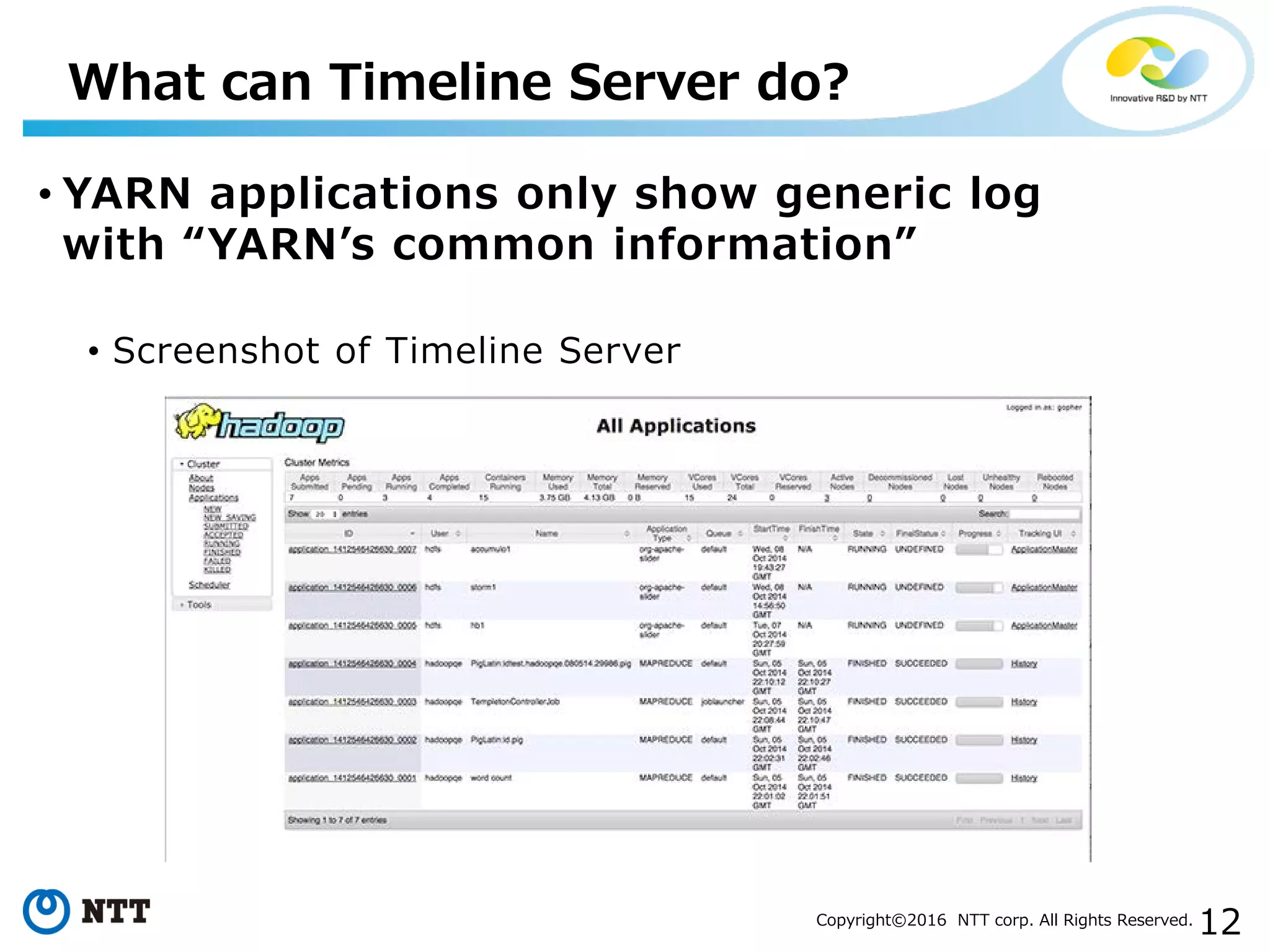 12Copyright©2016 NTT corp. All Rights Reserved.
• YARN applications only show generic log
with “YARN’s common information”
• Screenshot of Timeline Server
What can Timeline Server do?
 