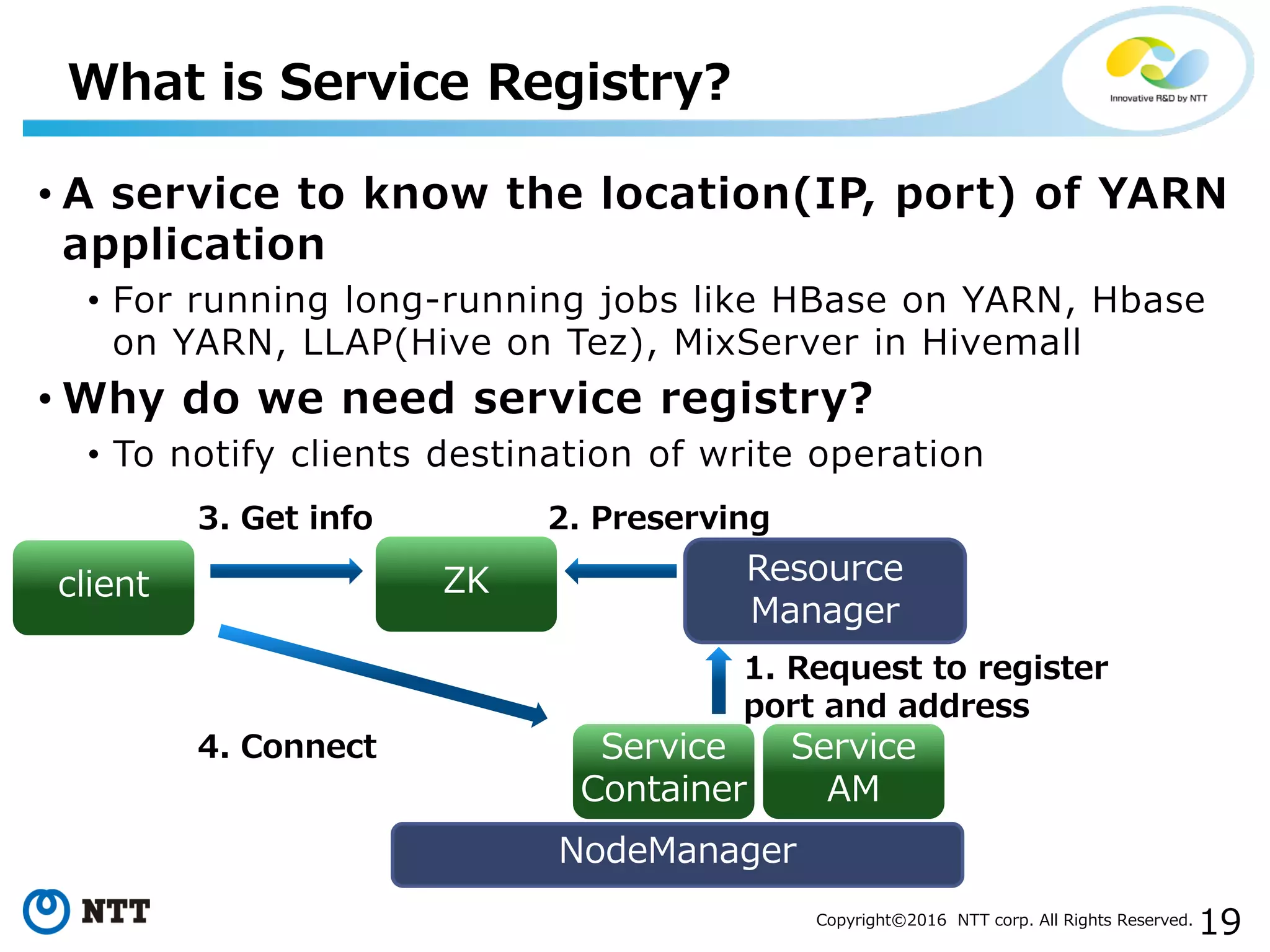 19Copyright©2016 NTT corp. All Rights Reserved.
• A service to know the location(IP, port) of YARN
application
• For running long-running jobs like HBase on YARN, Hbase
on YARN, LLAP(Hive on Tez), MixServer in Hivemall
• Why do we need service registry?
• To notify clients destination of write operation
What is Service Registry?
NodeManager
Service
AM
Service
Container
client ZK Resource
Manager
1. Request to register
port and address
2. Preserving3. Get info
4. Connect
 