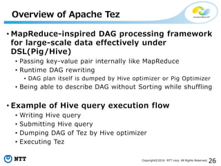 26Copyright©2016 NTT corp. All Rights Reserved.
• MapReduce-inspired DAG processing framework
for large-scale data effectively under
DSL(Pig/Hive)
• Passing key-value pair internally like MapReduce
• Runtime DAG rewriting
• DAG plan itself is dumped by Hive optimizer or Pig Optimizer
• Being able to describe DAG without Sorting while shuffling
• Example of Hive query execution flow
• Writing Hive query
• Submitting Hive query
• Dumping DAG of Tez by Hive optimizer
• Executing Tez
Overview of Apache Tez
 