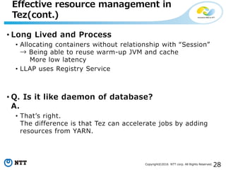 28Copyright©2016 NTT corp. All Rights Reserved.
• Long Lived and Process
• Allocating containers without relationship with “Session”
→ Being able to reuse warm-up JVM and cache
More low latency
• LLAP uses Registry Service
• Q. Is it like daemon of database?
A.
• That’s right.
The difference is that Tez can accelerate jobs by adding
resources from YARN.
Effective resource management in
Tez(cont.)
 