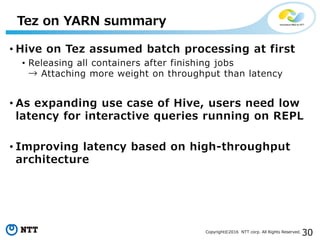 30Copyright©2016 NTT corp. All Rights Reserved.
• Hive on Tez assumed batch processing at first
• Releasing all containers after finishing jobs
→ Attaching more weight on throughput than latency
• As expanding use case of Hive, users need low
latency for interactive queries running on REPL
• Improving latency based on high-throughput
architecture
Tez on YARN summary
 