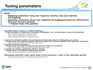 36Copyright©2016 NTT corp. All Rights Reserved.
• Rule
• Keeping container long can improve latency but can worsen
throughput
• Keeping container short can improve throughput(resource utilization)
but can worsen latency
→ Please tune this points!
• Max/Min/Initial number of YARN containers
→ high numbers of executors increases throughput, but can decrease resource utilizations
• spark.dynamicAllocation.maxExecutors
• spark.dynamicAllocation.minExecutors
• spark.dynamicAllocation.initialExecutors
• A period to double number of containers for Executers when all Executors are active
→ large value can improve latency and throughput but worsen stability and resource utilization
• spark.dynamicAllocation.schedulerBacklogTimeout
• A period to keep containers
→ large value can improve latency but worsen resource utilization
• spark.dynamicAllocation.sustainedSchedulerBacklogTimeout
• A period to release containers which is empty
→ large value can improve latency but worsen
• spark.dynamicAllocation.executorIdleTimeout
• Releasing executor with cache data if the executor is idle in the specified period
• spark.dynamicAllocation.cachedExecutorIdleTimeout
Tuning paramaters
 