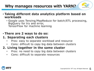 6Copyright©2016 NTT corp. All Rights Reserved.
• Taking different data analytics platform based on
workloads
• Google uses Tenzing/MapReduce for batch/ETL processing,
BigQuery for try and error,
TensorFlow for machine learning
• There are 2 ways to do so:
1. Separating each clusters
• Pros: easy to separate workload and resource
• Cons: difficult to copy big data between clusters
2. Living together in the same cluster
• Pros: no need to copy big data between clusters
• Cons: difficult to separate resources
Why manages resources with YARN?
 