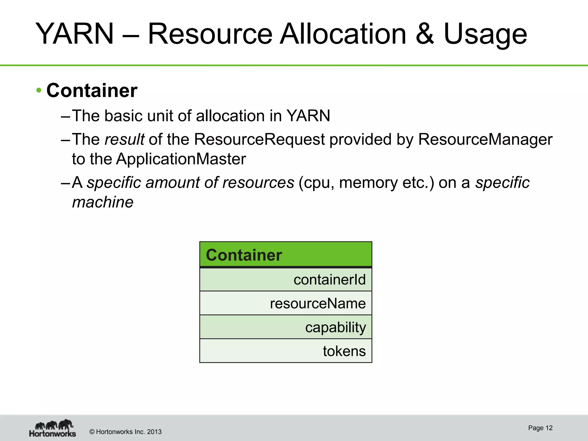 YARN – Resource Allocation & Usage
• Container
– The basic unit of allocation in YARN
– The result of the ResourceRequest provided by ResourceManager
to the ApplicationMaster
– A specific amount of resources (cpu, memory etc.) on a specific
machine
Container
containerId
resourceName
capability

tokens

© Hortonworks Inc. 2013

Page 12

 